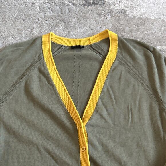 Talbots Cardigan Sweater Womens XL Petite Olive Green Navy Yellow Trim Cotton - Picture 2 of 7
